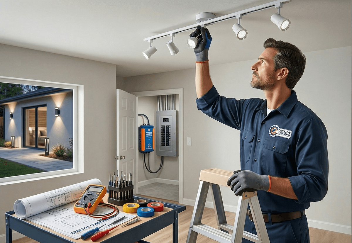 Creative Constructors technician installing light fixture