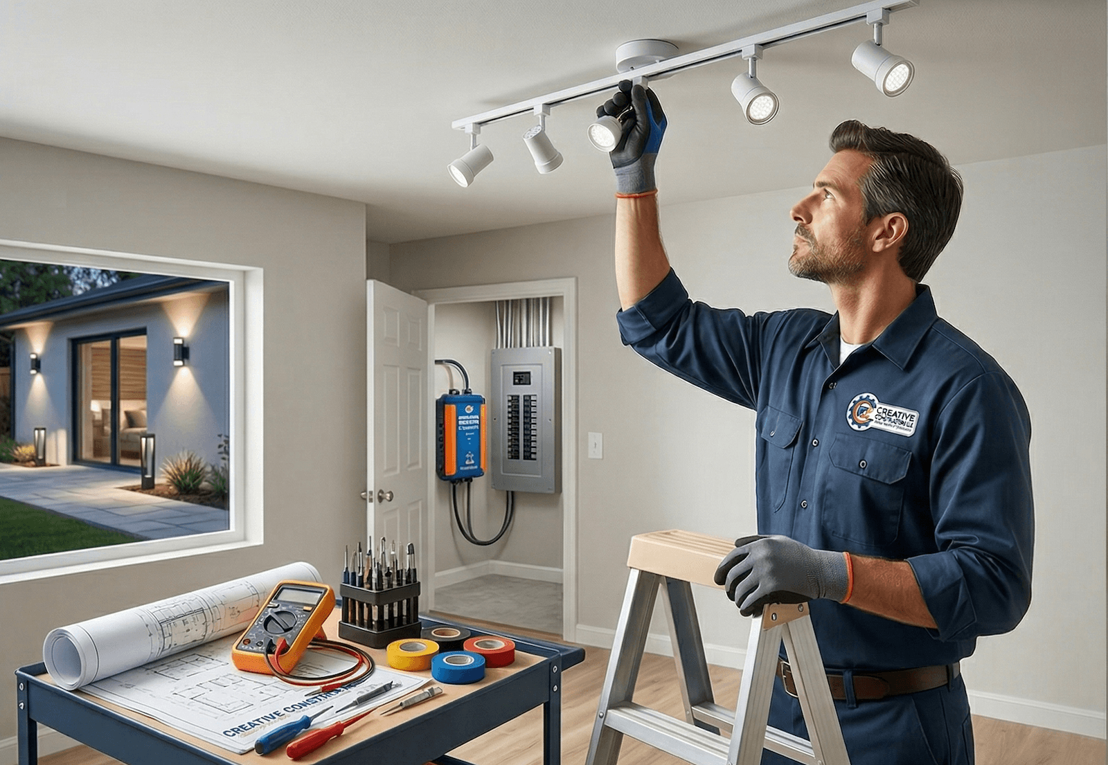 Electrician installing lighting in Highland Park